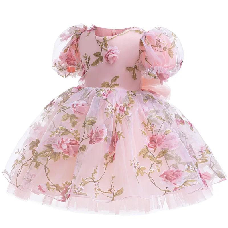 0-6-year-old Pink Flower Girl Dress 2024 New Children\'s First Year Princess Dress Children\'s Birthday Party Sweet Princess Dress