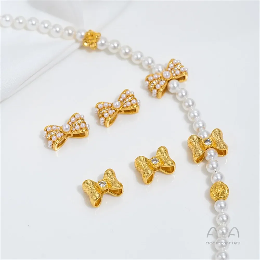 Vietnamese Sand Gold Hammer Pattern Bow Tie with Beads, Pearl Inlaid Bow Tie, Handcrafted Beaded Jewelry Accessories