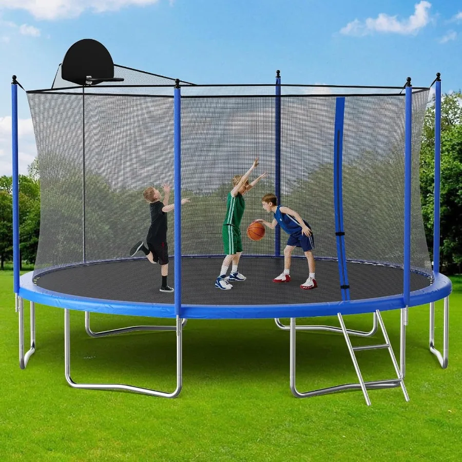 

16ft 14ft 12ft Outdoor Round Trampoline for and Adults Large Heavy Duty Design with Builtin Basketball Hoop and Safety Enclosur
