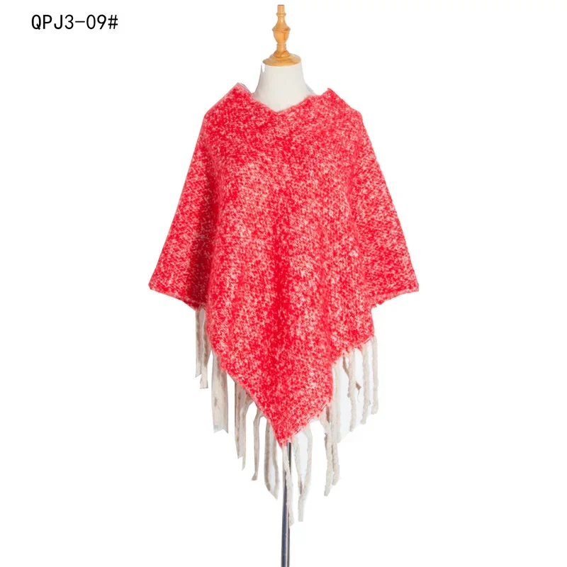 European American Style Loop Yarn Fried Dough Twist Braid Thick Long Tassel Autumn Winter Thickened Plaid Cape Poncho Capes Red