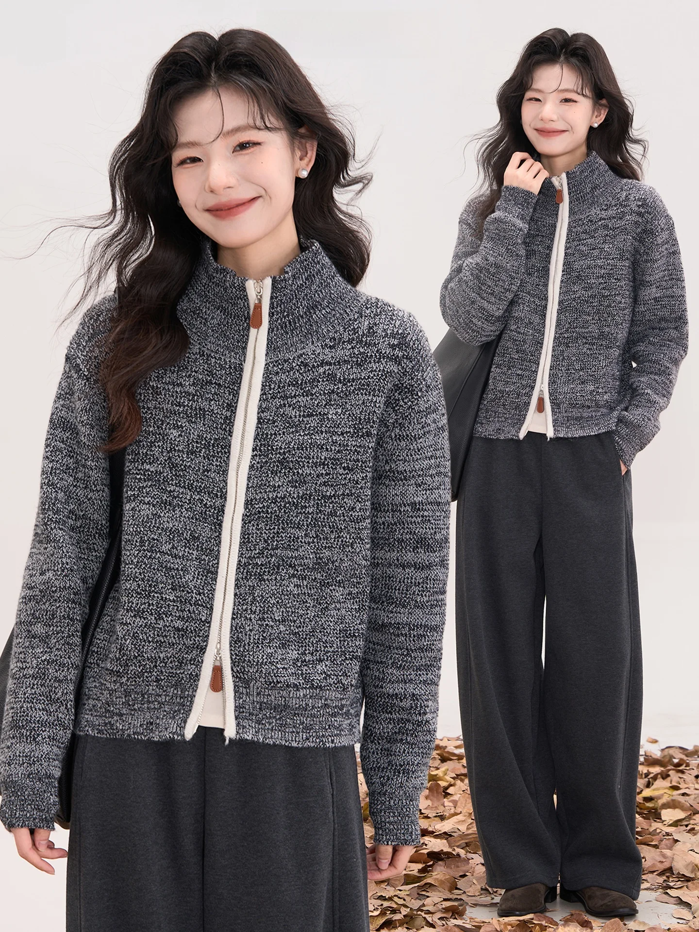 

Женский зимний вязаный кардиган с длинными рукавами, воротником-стойкой, двойной молнией, из смесовой пряжи, с эффектом мгновенного смешения текстур