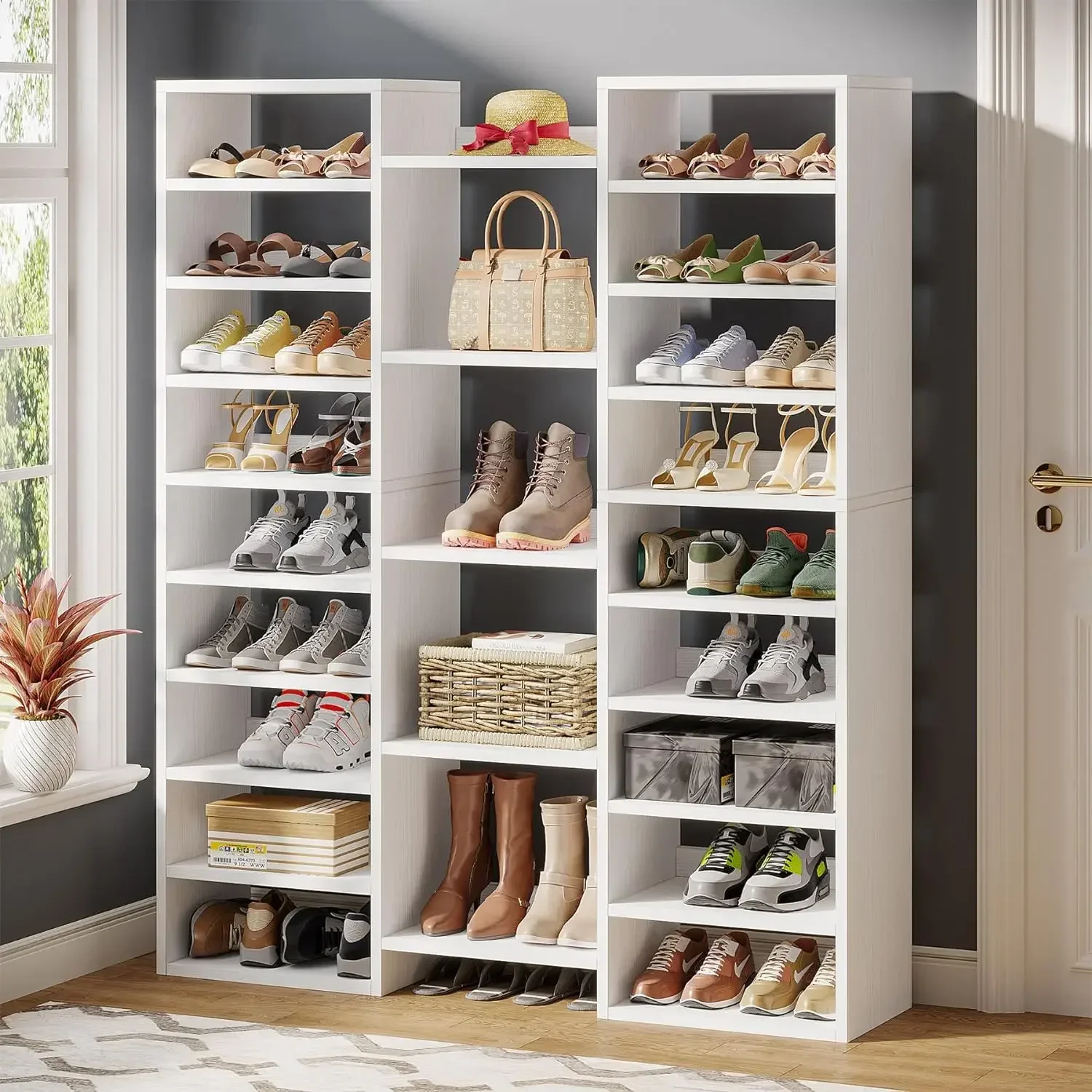 Wide Entryway 14-Tier Shoe Rack, Freestanding Tall Shoe Shelf, White Wooden Shoe Storage Cabinet with 22 Open Cubbies