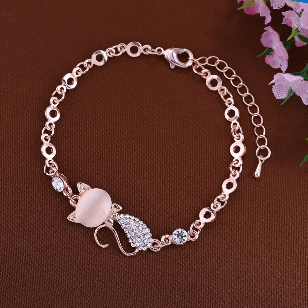 Cute Cat Opal Shiny Charm Bracelet Kawaii Women\'s Leisure Party Jewelry Accessories Gift Wholesale