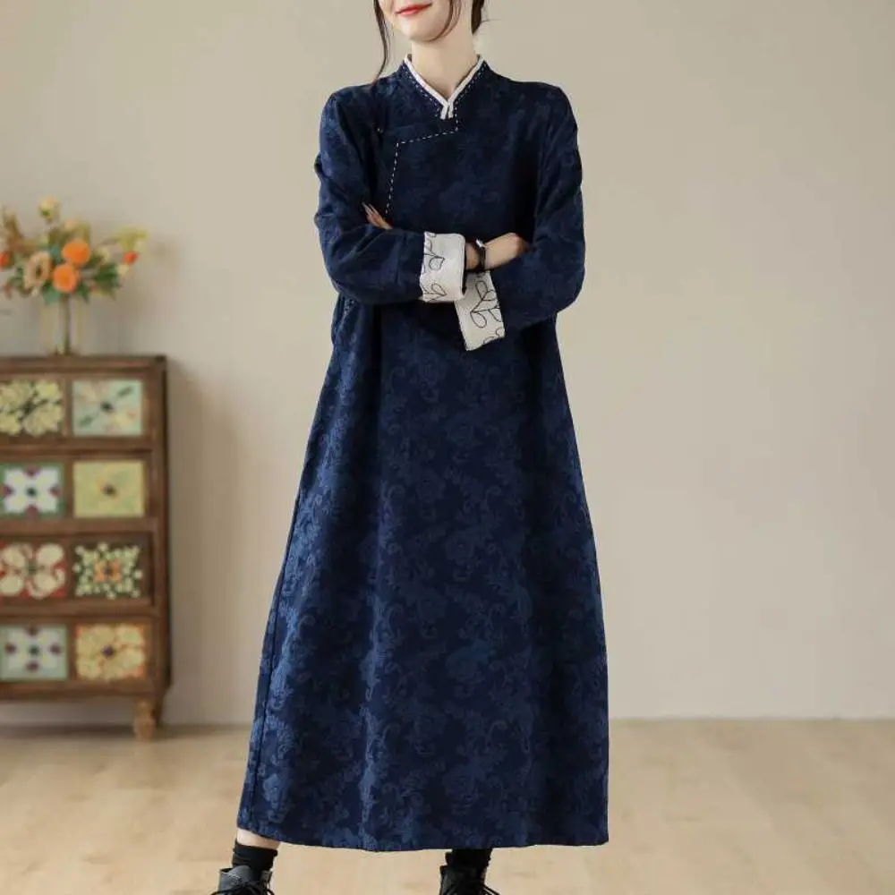 Floral Improved Cheongsam Dress Embroidery Long Sleeve Ethnic Style Dress Stand Collar with Pockets Chinese Style Chi-pao Daily