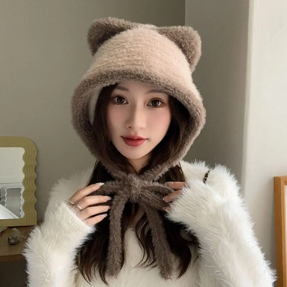 Fashion Korean Style Cute Cat Ear Hat Plush Warm Faux Fur Bucket Hat Casual Ear Protection Women Fluffy Hats Winter