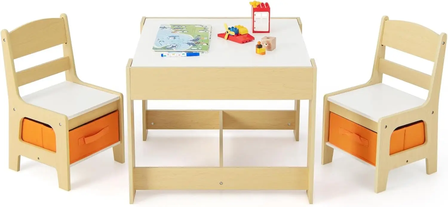 

3-in-1 Kids Wooden Table & Chairs Set with Storage, Detachable Tabletop for Art, Craft, Reading - Gift for Toddlers 3-7 Years