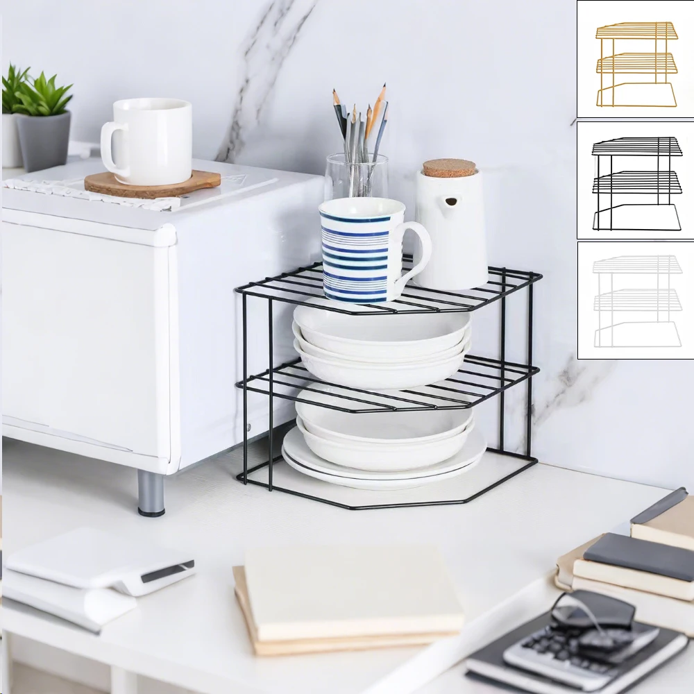 

Kitchen Corner Storage Shelves Drain Iron Rack 3 Levels Plates Bowls Cup Separate Storage Stand Hold Dish Drying Organizer Rack