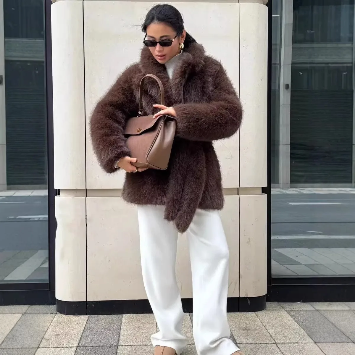 Pocket No Hood Mid Length Coat with Notched Lapel Long Sleeve European and American Style Streetwear Edgy Street Women Coat