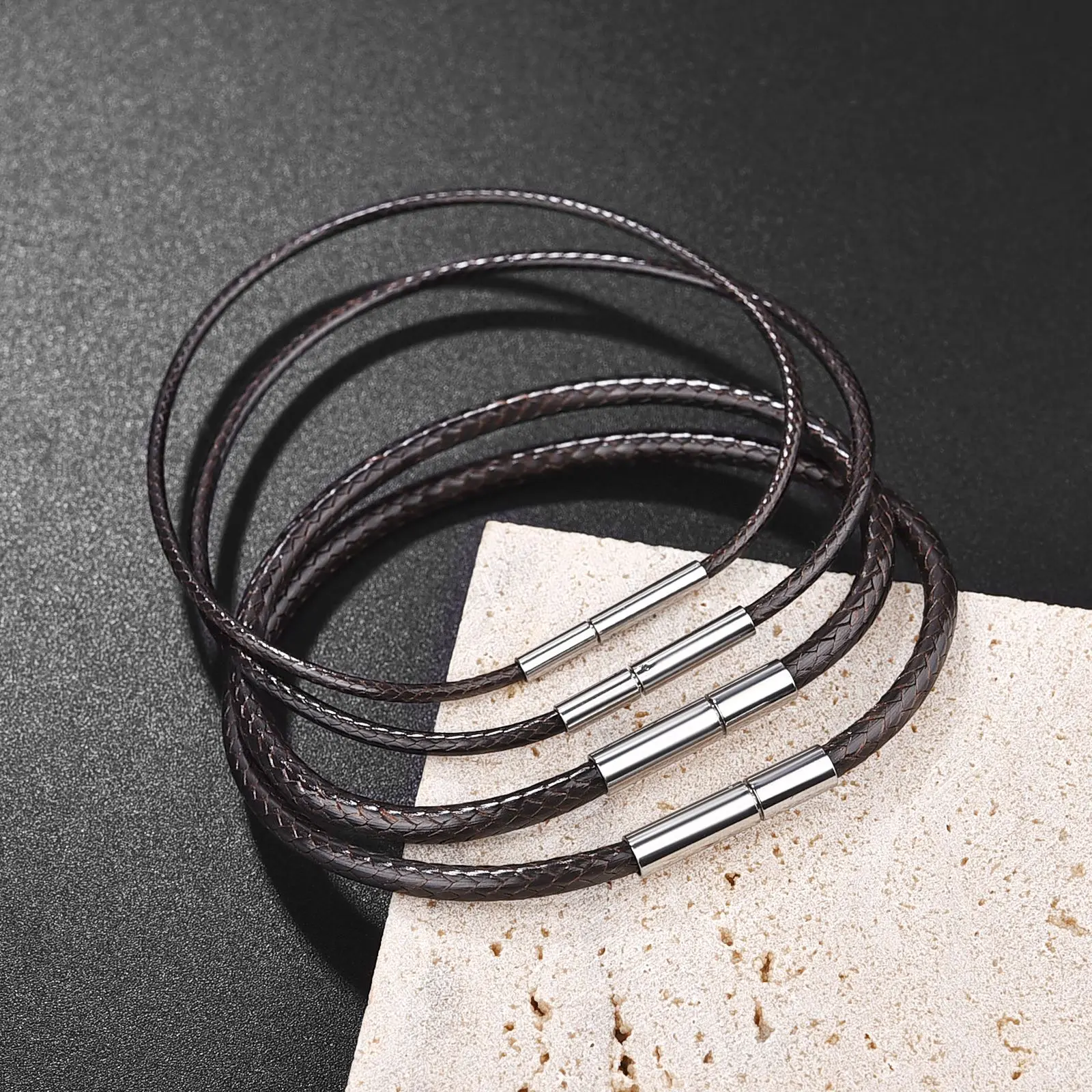 New Black Brown Leather Bracelet Cord For Men Women Leather Cord Wax Rope Stainless Steel Clasp Braided Rope Bracelet Jewelry