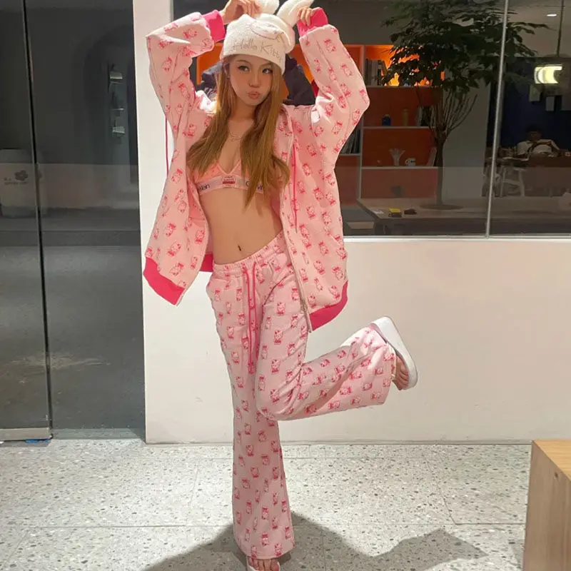 Y2K Hellokitty Oversize Printed Zipper Hooded Jacket Woman Kawaii Anime Cartoon Fashionable Hot Girl Low Waist Trousers Casual