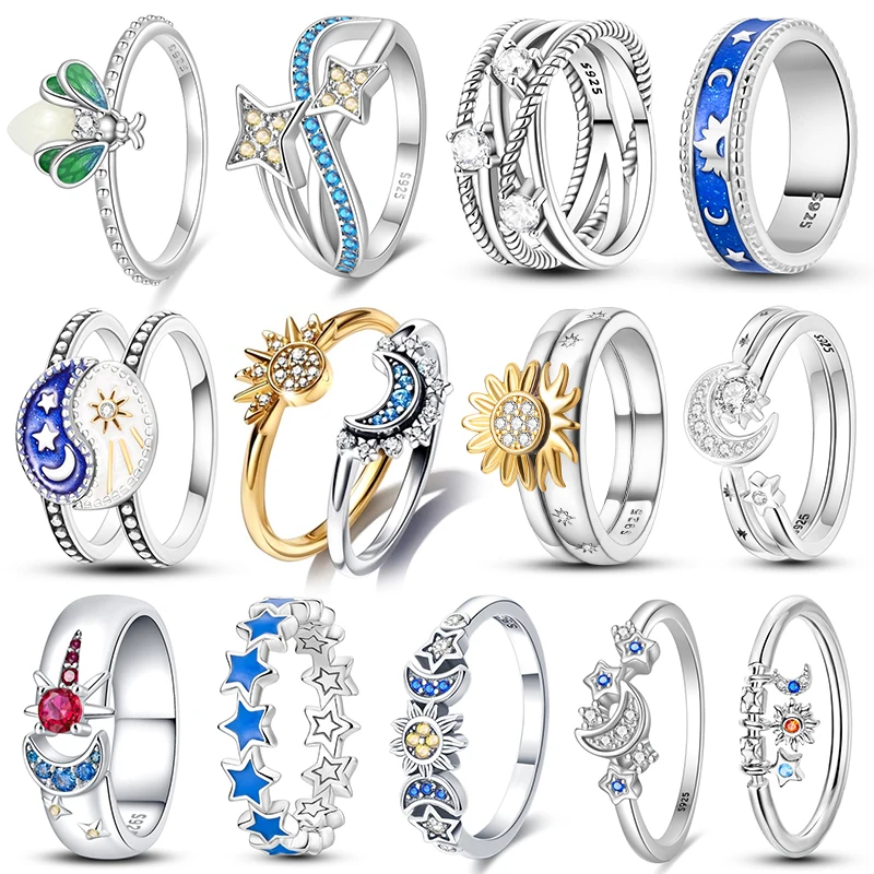 Pandora Conjunto de anillos de sol y luna Celestial para mujer, joyería de lujo, aniversario, fiestas, regalos para 2024, nuevo en estrellas, anillos de circón