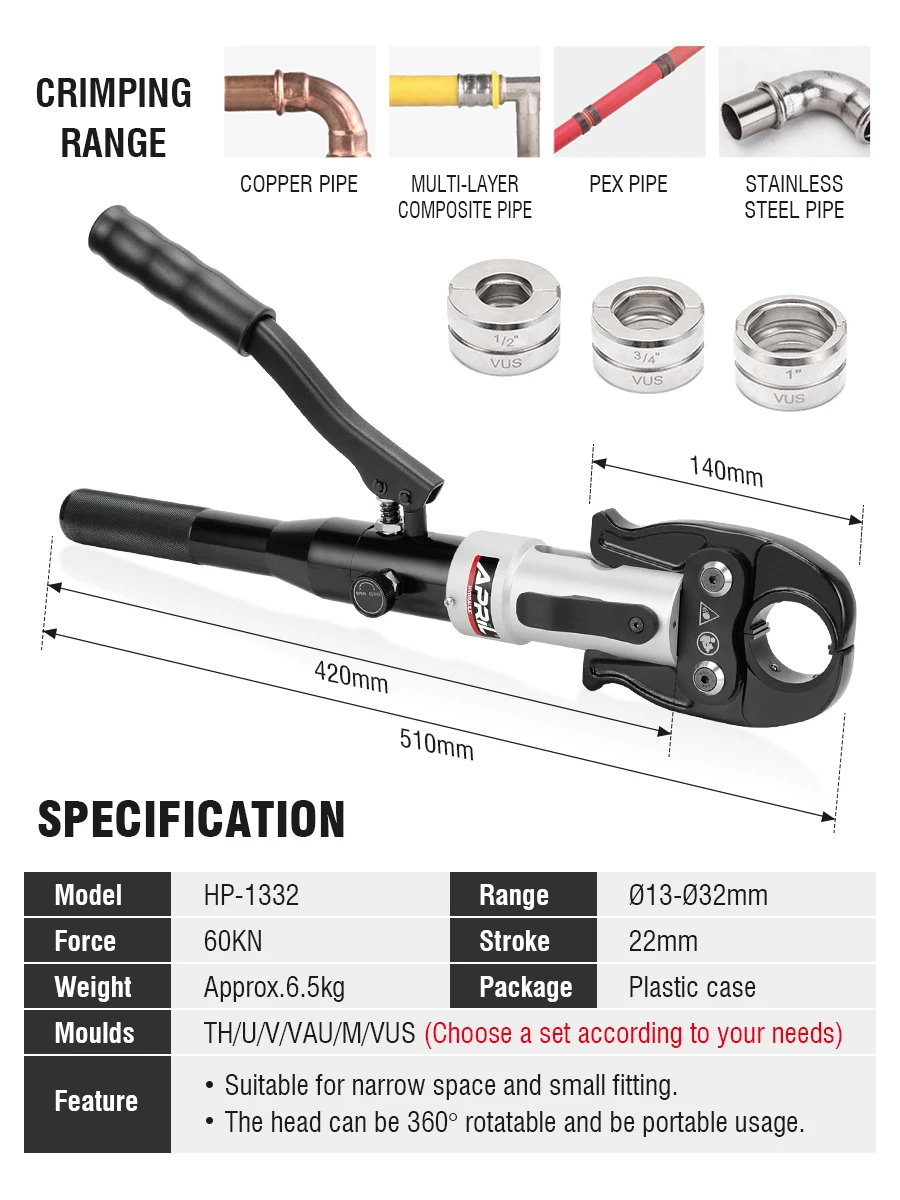 Herramientas hidráulicas de prensado de tuberías Pex HP-1332 Herramientas de plomería de prensado para tuberías de plástico de aluminio, tubos de