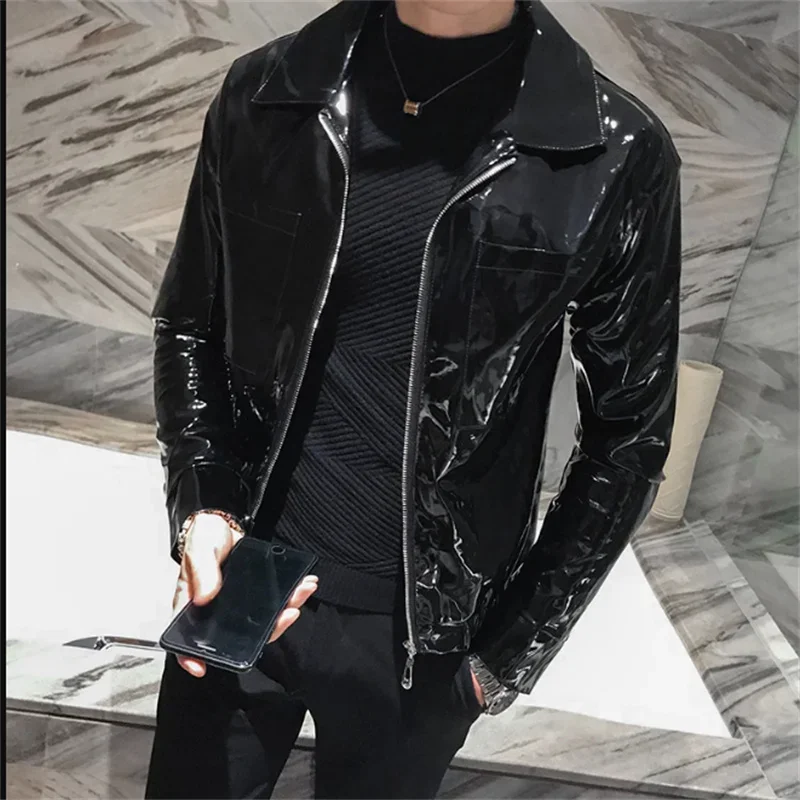 New Leather Shiny Men\'s and Coats Red Coffee Black Stage Costume Nightclub Singer Club Party Jacket Men Clothing