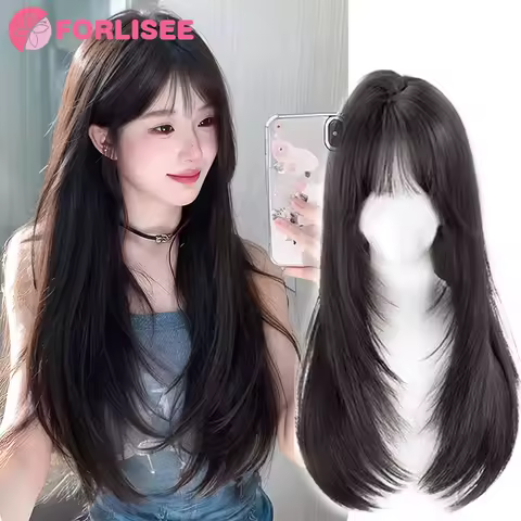 FORLISEE 24 인치 하이 레이어드 롱 스트레이트 합성 가발 여성 Natural Air Bangs 여성용 내열성 매일 사용에 적합
