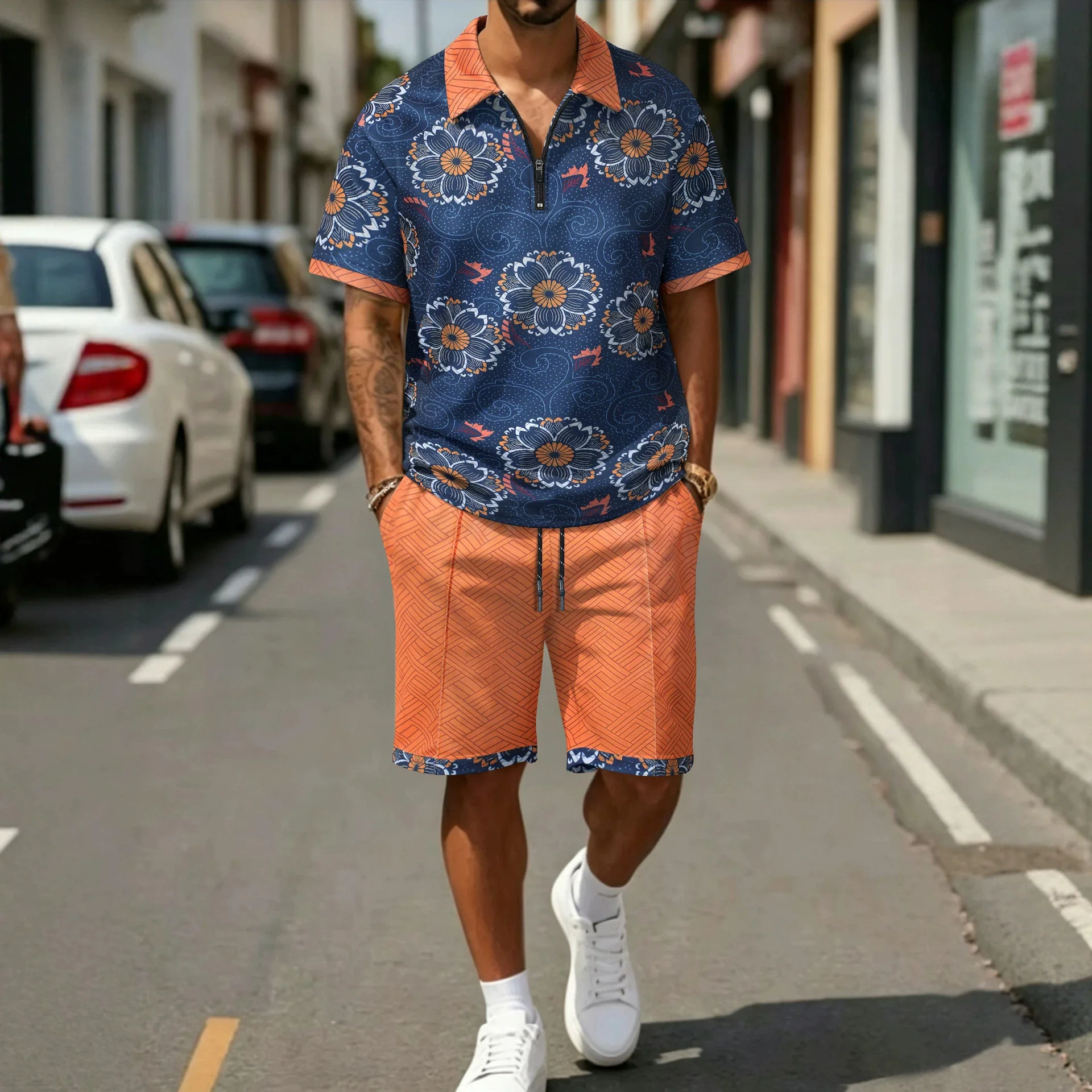 

New men's floral print polo shirt and drawstring shorts set - Summer casual two-piece set. Suitable for beach, street and daily
