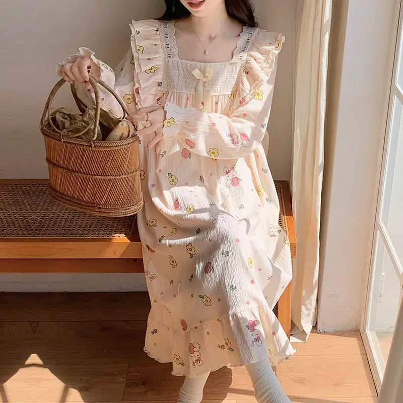 Floral Print Women Nightgown Sleepwear Square Collar Nightwear Korean Fashion Night Dress Long Sleeve Autumn One Piece Pajamas