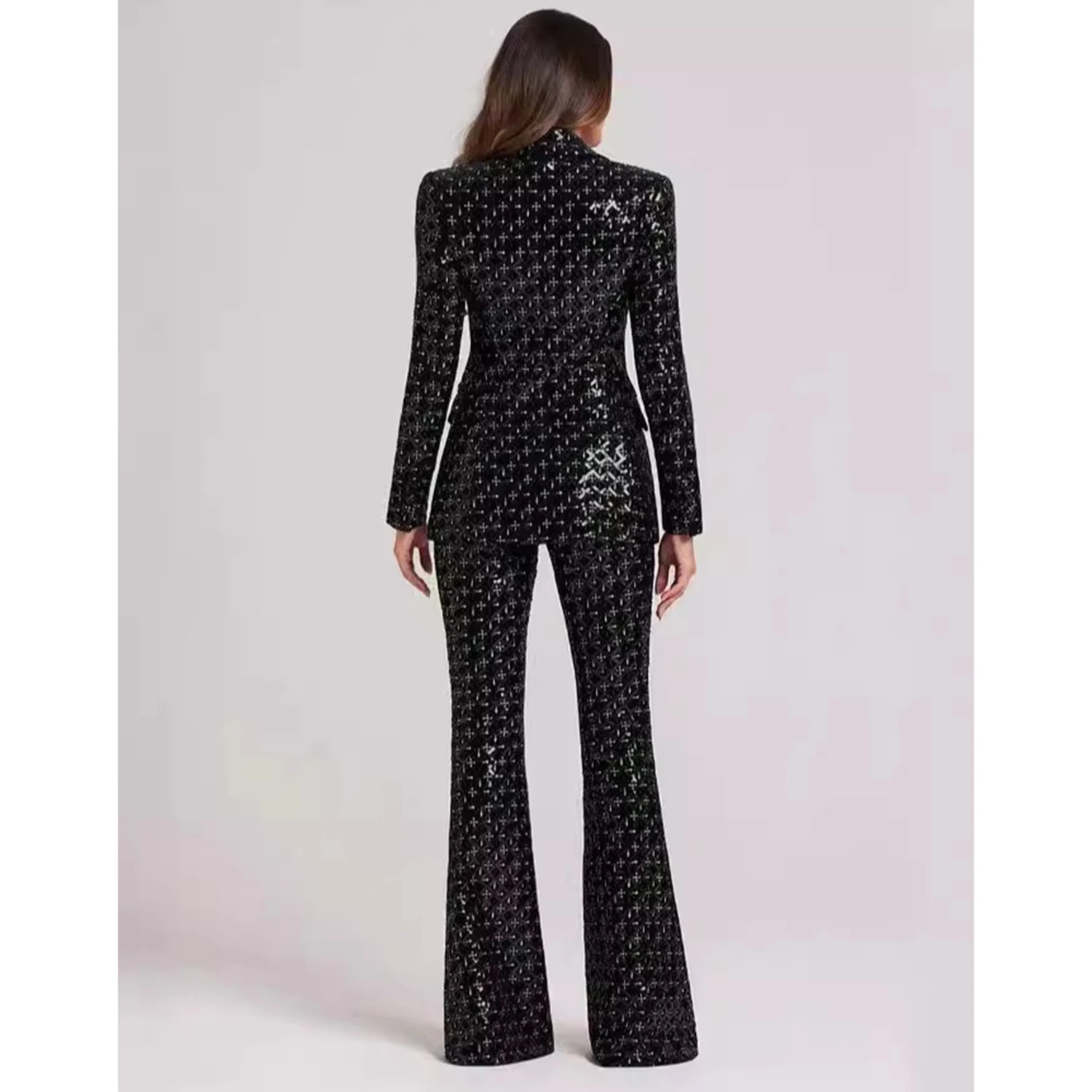 أسود الترتر المرأة 2 قطعة مجموعة البدلة واحدة الصدر السترة كوكتيل ملابس الحفلات أنيقة مأدبة Pantsuit مجموعة تخصيص #3