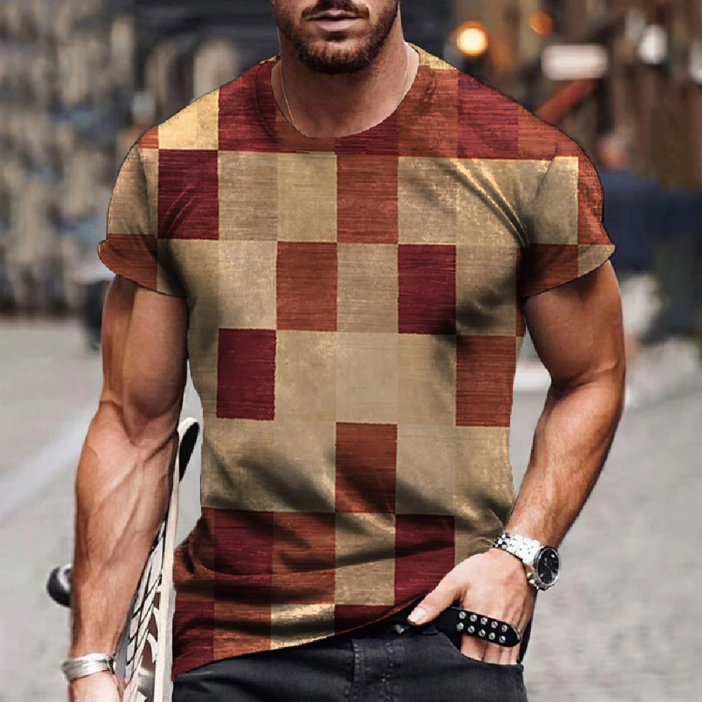 Check Stripe Pattern T-shirt 3D Printing T-Shirt for Men Simple Cool Breathable Short Sleeves Trendy Casual Tshirt Oversized top