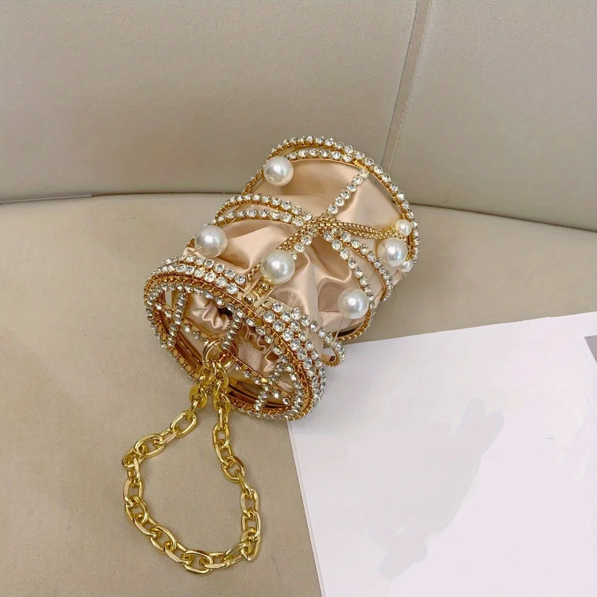 JIOMAY 2025 New Women's Gold Evening Clutch Bags Luxury Designer Silk Satin Bucket Bag,Crystal-Embellished Metal Pearl Party Bag