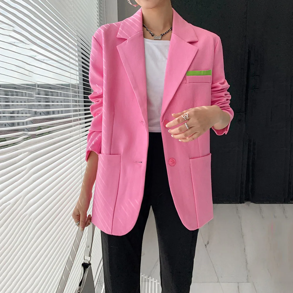 

2022 Women Chic Pink d Long Blazer Jacket V Neck Pockets Office Lady Fashion Jackets Female Elegant Outwear