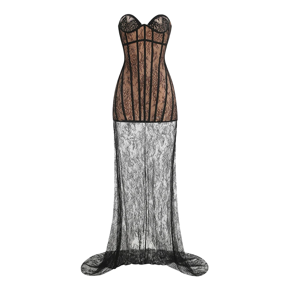Sexy 2 Piece Maxi Skirt Sets Floral Off Shoulder Lace Mini Dresses Top and Sheer Mesh Maxi Dress for Prom Cocktail Evening Party