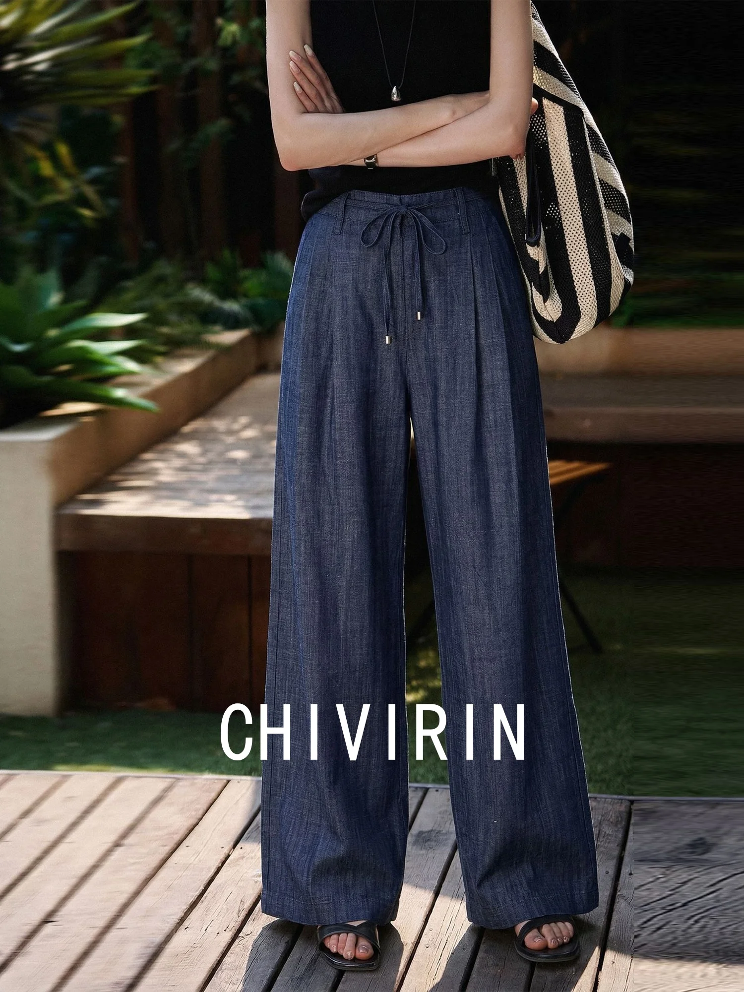 

Chivirin Linen Wide Leg Pants Women's Casual Minimalist Style Summer New Denim Blue Versatile Long Trousers