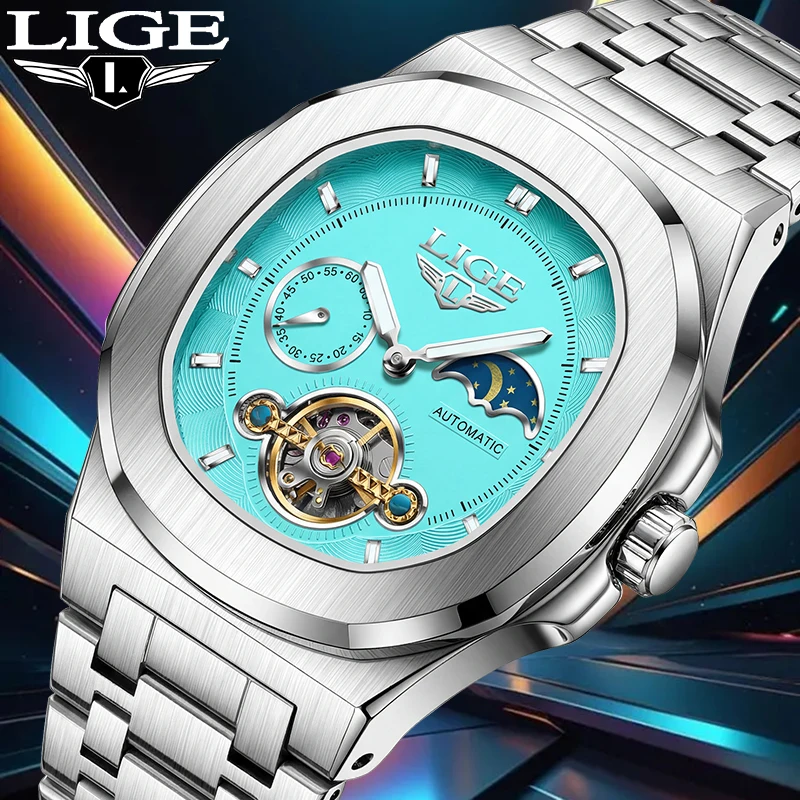 

Мужские автоматические механические часы LIGE: элитный бренд, классический деловой стиль, браслет из нержавеющей стали, фазы Луны, водонепроницаемые