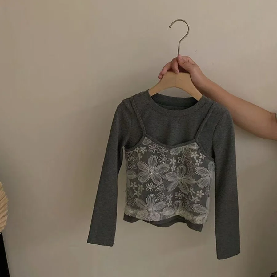 

Girls' Korean Spring/Autumn New Lace Flower Fake Two-piece Top 2026 Plaid Fart Curtain Casual Jeans Two-piece Set