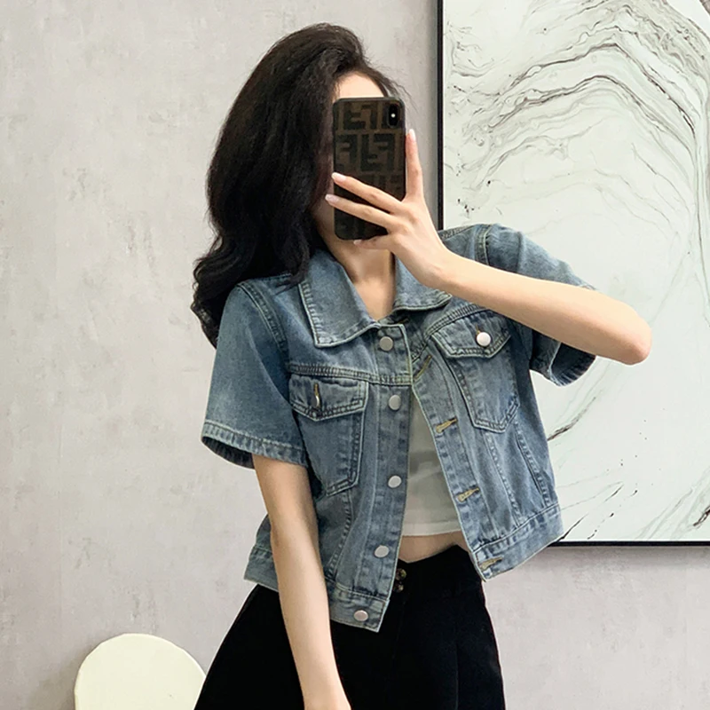 

Куртка женская джинсовая с карманами, винтажный укороченный жакет из денима в стиле ретро, уличная одежда с коротким рукавом, синий цвет, лето 2024