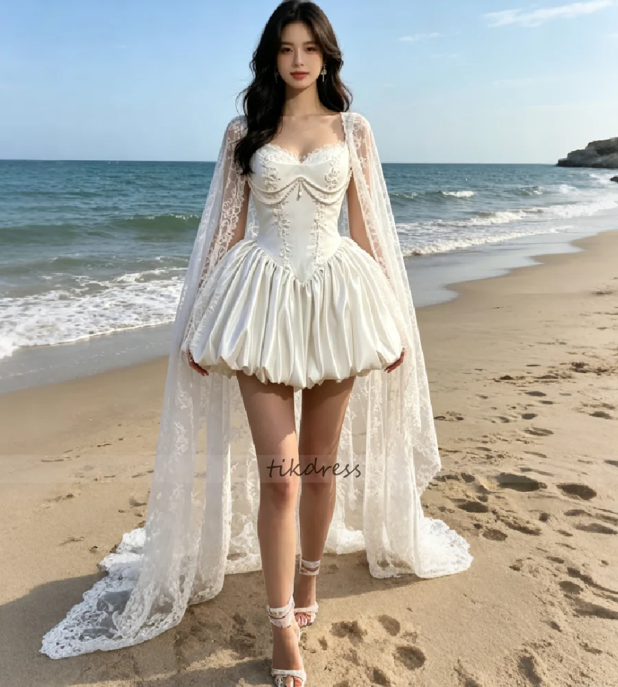 White Satin Corset Mini Wedding Dress Bubble Beach Elopement Lace Cape Short Boho Bridal Gowns 2026 Pearls Bohemian Reception