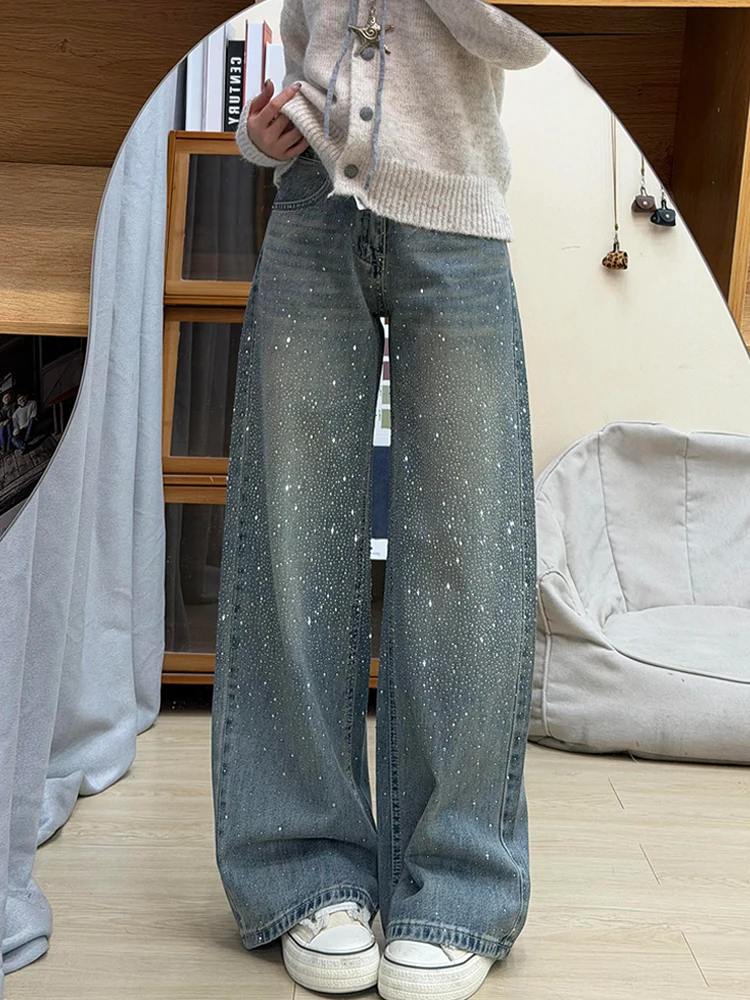 

American High Street Spicy Girl Diamond Splicing Jeans Women's Spring Design Sensation Slimming Floor-Length Pants