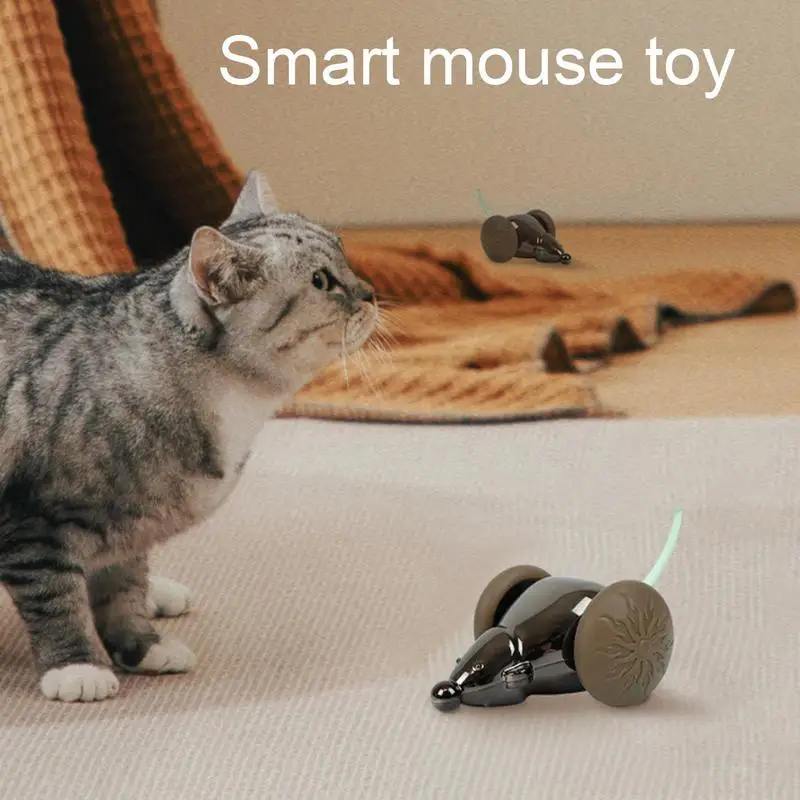 Rato robótico gato brinquedo de controle remoto realista mouse animais de estimação aliviar o tédio luz brilhante cauda brinquedo interativo recarregável