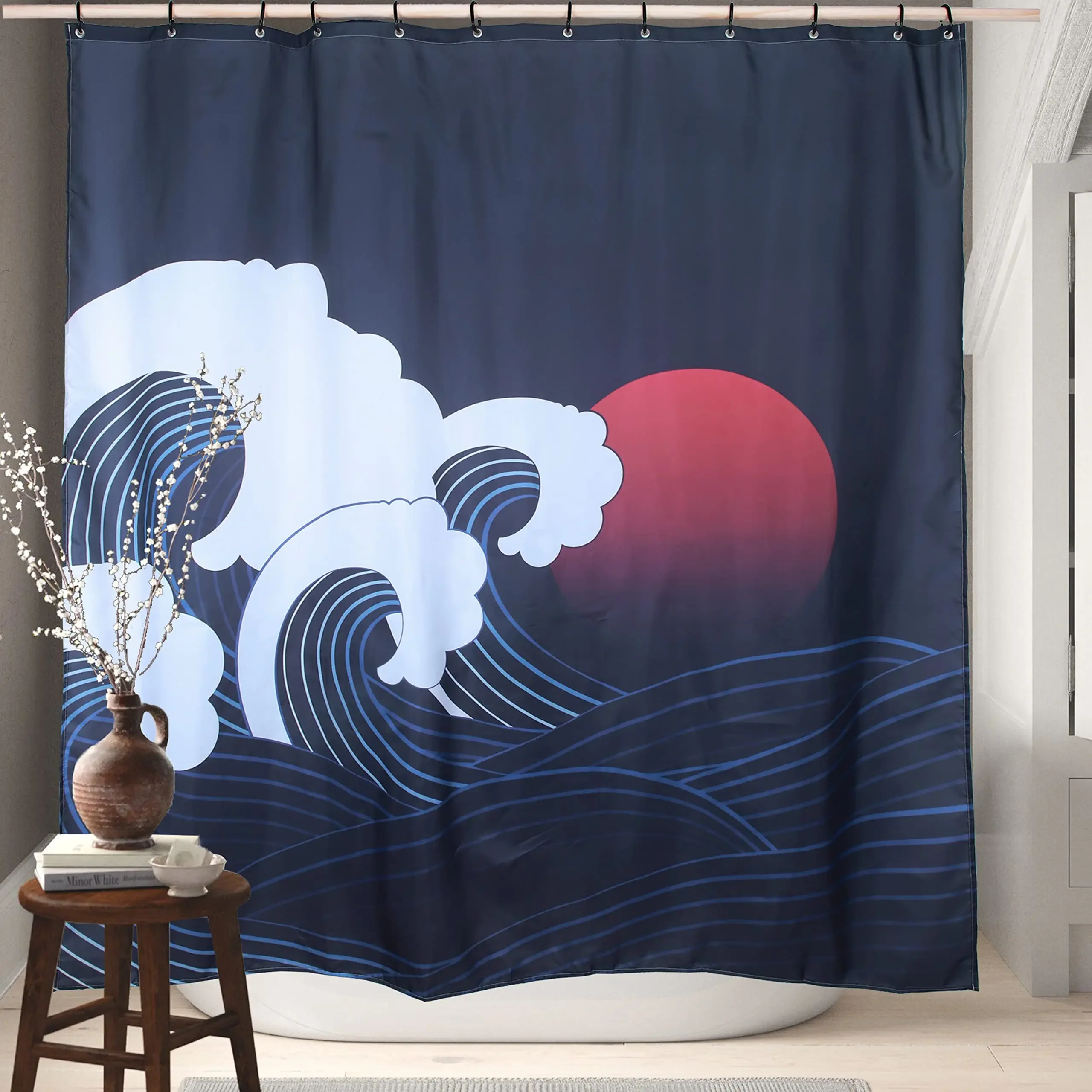 

Shower Curtain,Japanese Blue Ukiyoe Sunrise The Grave Waves Brave Whale Ocean Unique Octopus Monster Shower Curtain Bathroom Set