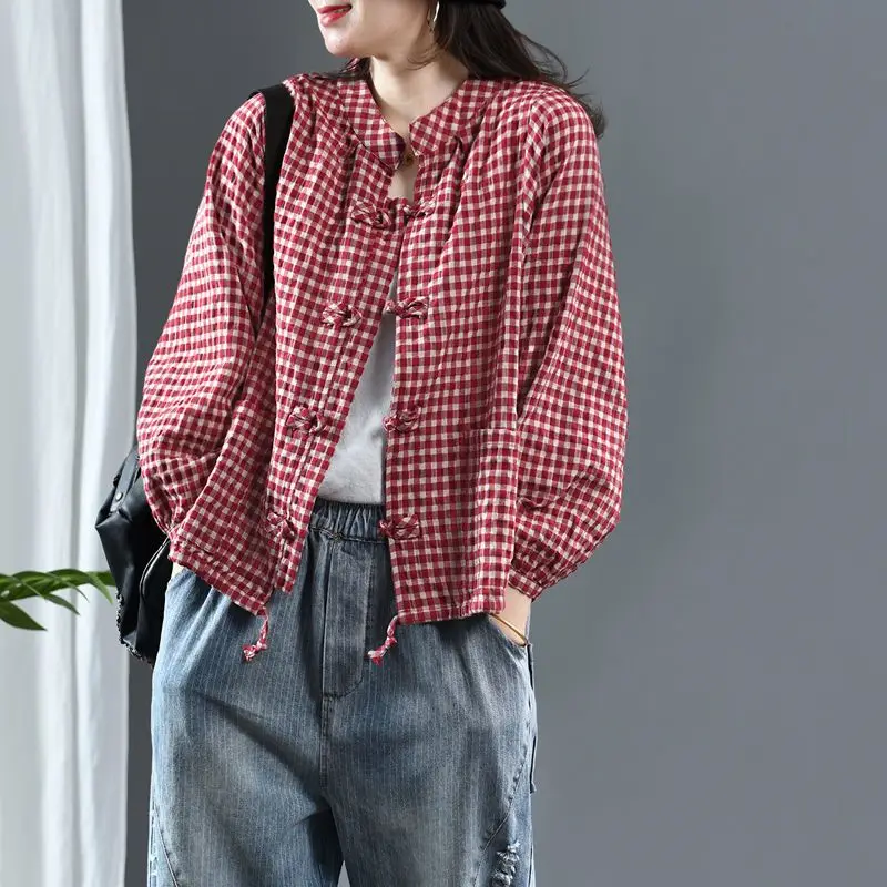 Vintage Stand Collar Button Shirring Plaid Shirts Women\'s Clothing 2023 Autumn Winter Loose Casual Tops Lantern Sleeve Blouses