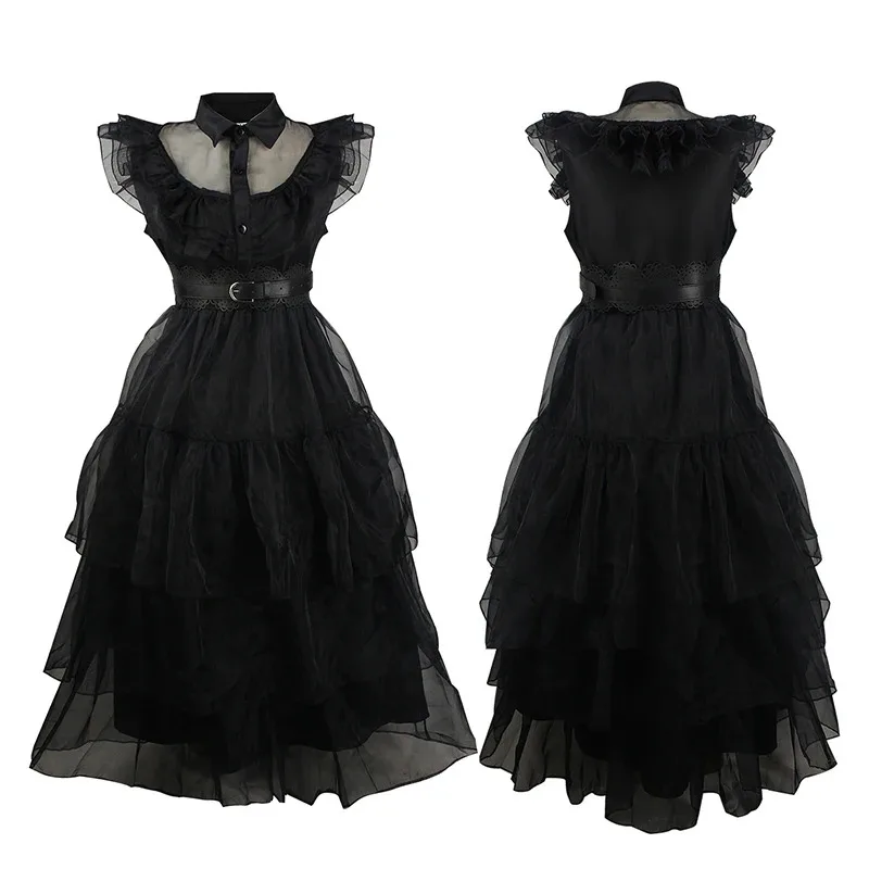 Halloween Carnival Gothic Costume Wednesday Addams Cosplay Black Dress for Girls Women Role Play Ball Party Suit Black Wig Belt