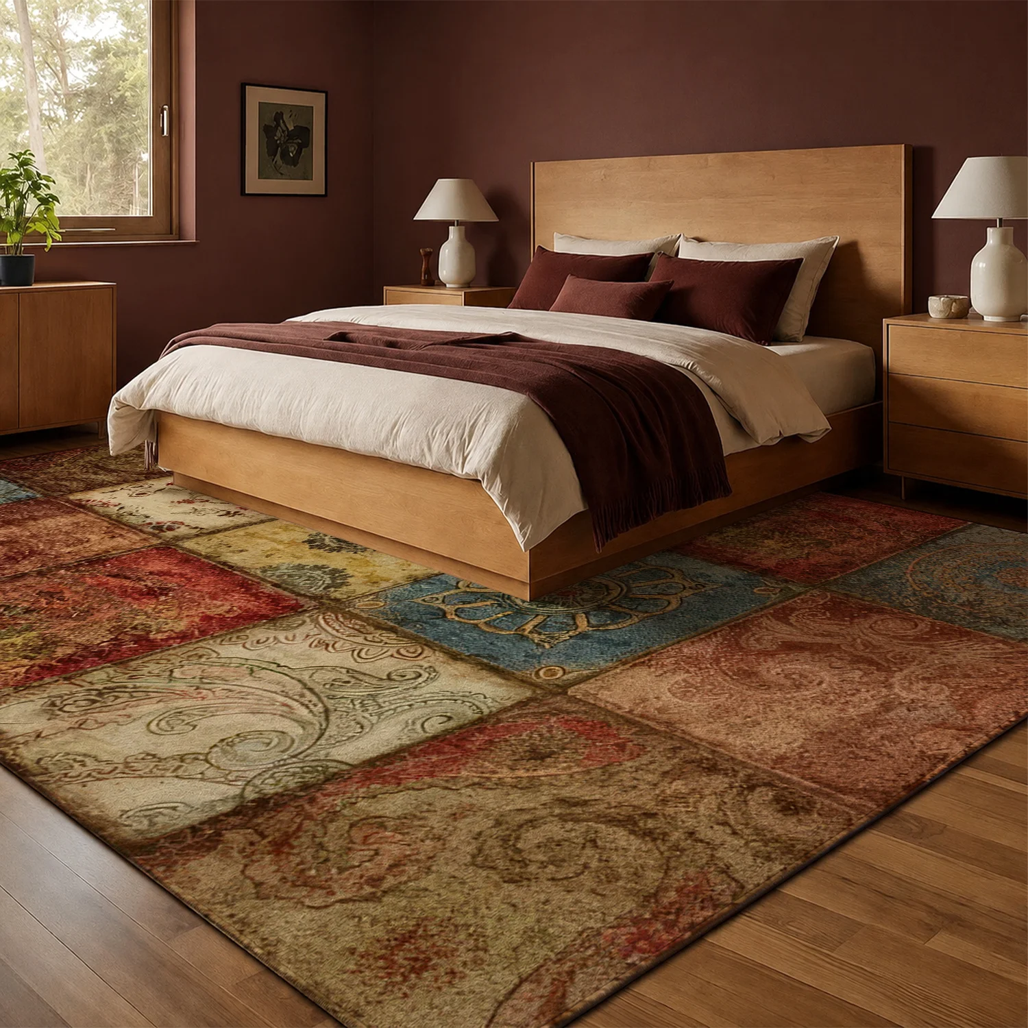 Large Indoor Vintage Patchwork Area Rug, Soft Velvet Low Pile, Non-slip Dotted Backing, Machine Washable Floor Rug for Living Room, Bedroom, Entryway, Distressed Floral Medallion Tile Pattern for Cozy Home Decor