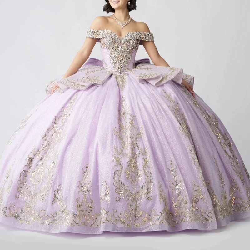 

Lilac Shiny Quinceanera Dresses Ball Gown Off The Shoulder Applique Lace Beading Crystal Tull Sweet 16 Dress Vestidos 15 De Anos