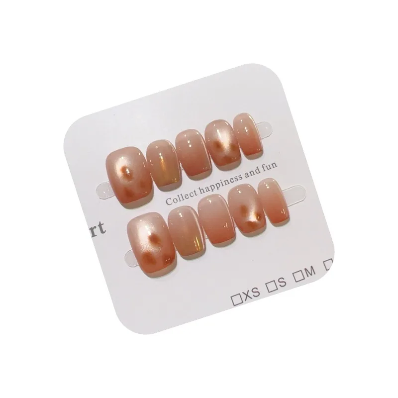 10 szt. Ręcznie Robione Paznokcie Naklejane Brązowy Gradient Samoprzylepne Sztuczne Paznokcie Jesień Zima Wielokrotnego Użytku Naklejane Końcówki do Paznokci