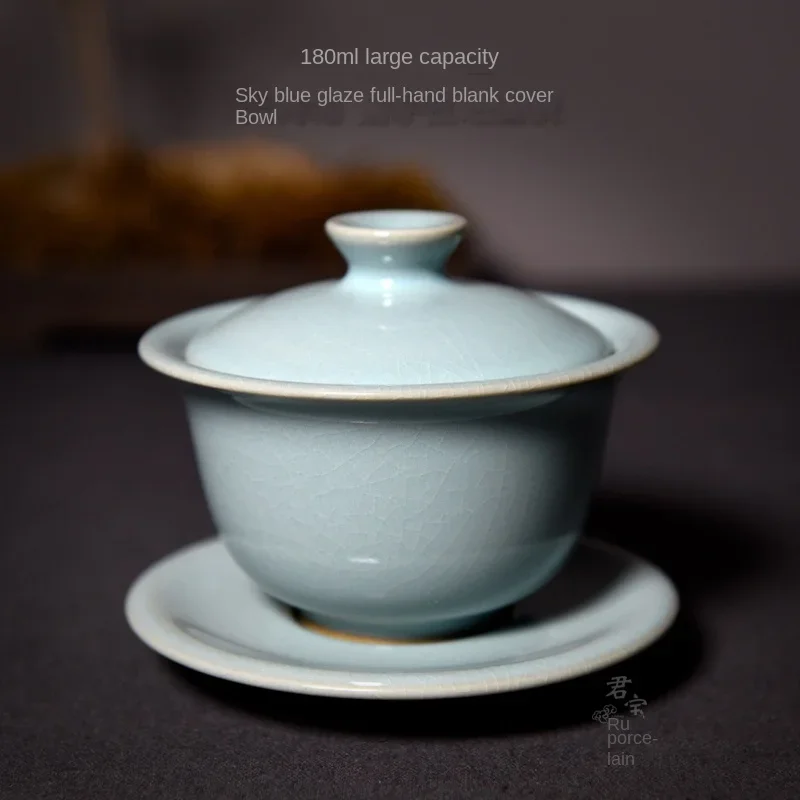 Ruzhou Origin Junbao Ru porcelain Raw ore Ru kiln Large capacity full hand pull lid bowl Tea maker azure glaze