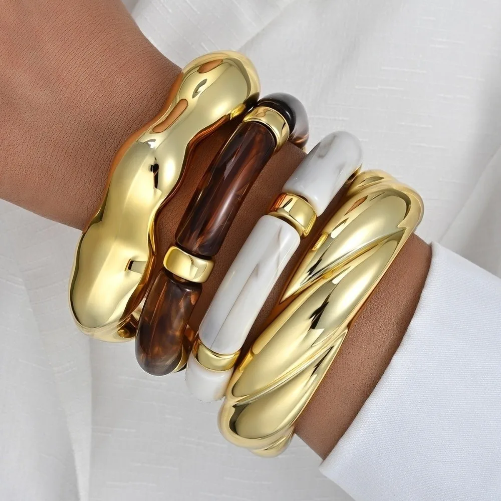 New Punk Resin Bangle Set Wide Bamboo Tube Irregular Resin Bracelet Thickened Stackable Exaggerated Chunky Bangles Gifts
