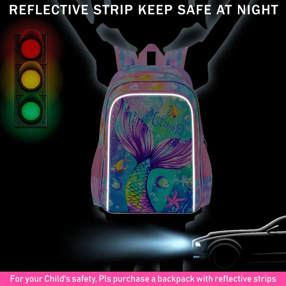 Zaini da 3 pezzi per ragazzi, coda per bambini elementari da 16 pollici del pesce colorato è rosa Zaino per libri scolastici in età prescolare e portapranzo