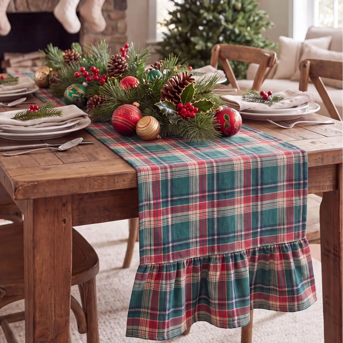 Christmas Red Plaid Ruffled Table Runner Polyester Farmhouse for Xmas Dining Table Decor Holiday Home Kitchen Party Decoration