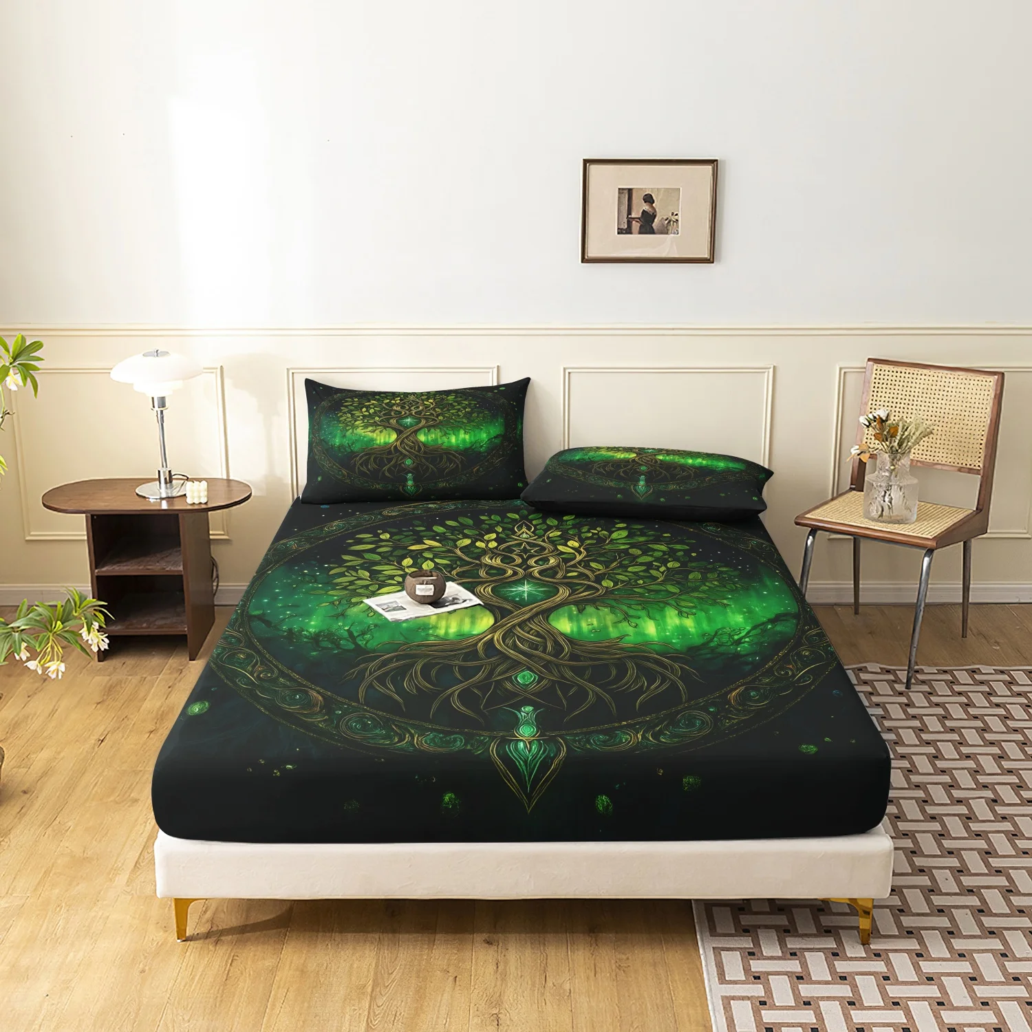 3Pcs Dark Black Green Tree of Life Fitted Sheet Set, Delicate Mandala Sacred Forest Root Art Print Bedding, For All Season Home