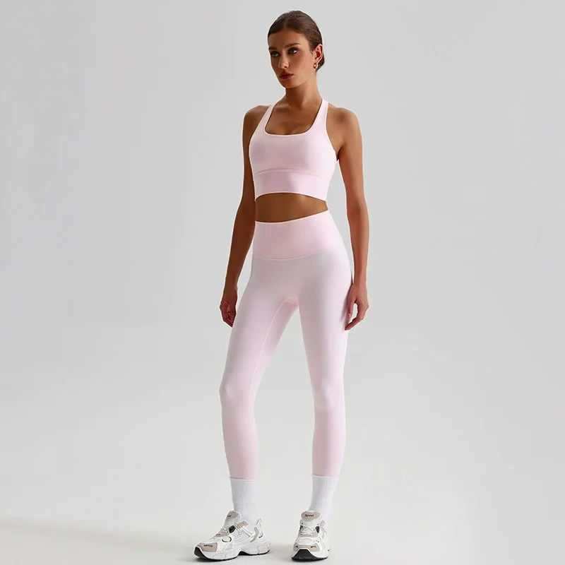 Naked Feel Yoga Set Women Fitness Sportswear 2 Piece Strappy Sports Bra High Waist Gym Leggings Workout Outfit Active Wear image 4