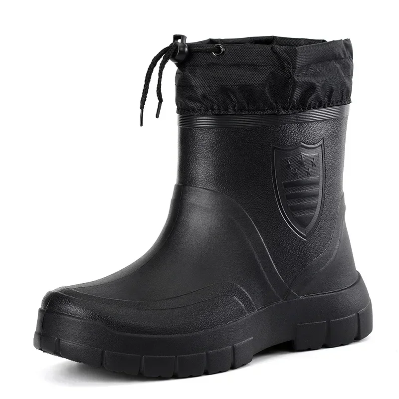 Windproof Cotton Rain Boots Men Warm Light Ankle Rainboots Fashion Black Slip on Rain Shoes Men Waterproof Work Boot2024