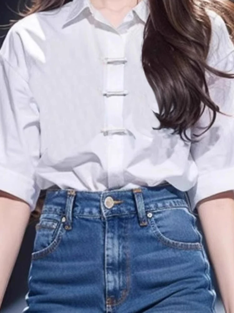 Neue chinesische Sle Kragen weiß IRT Damen Sommer lose ort Sve einzigartige Button-up Top koreanische Faion lose Passform