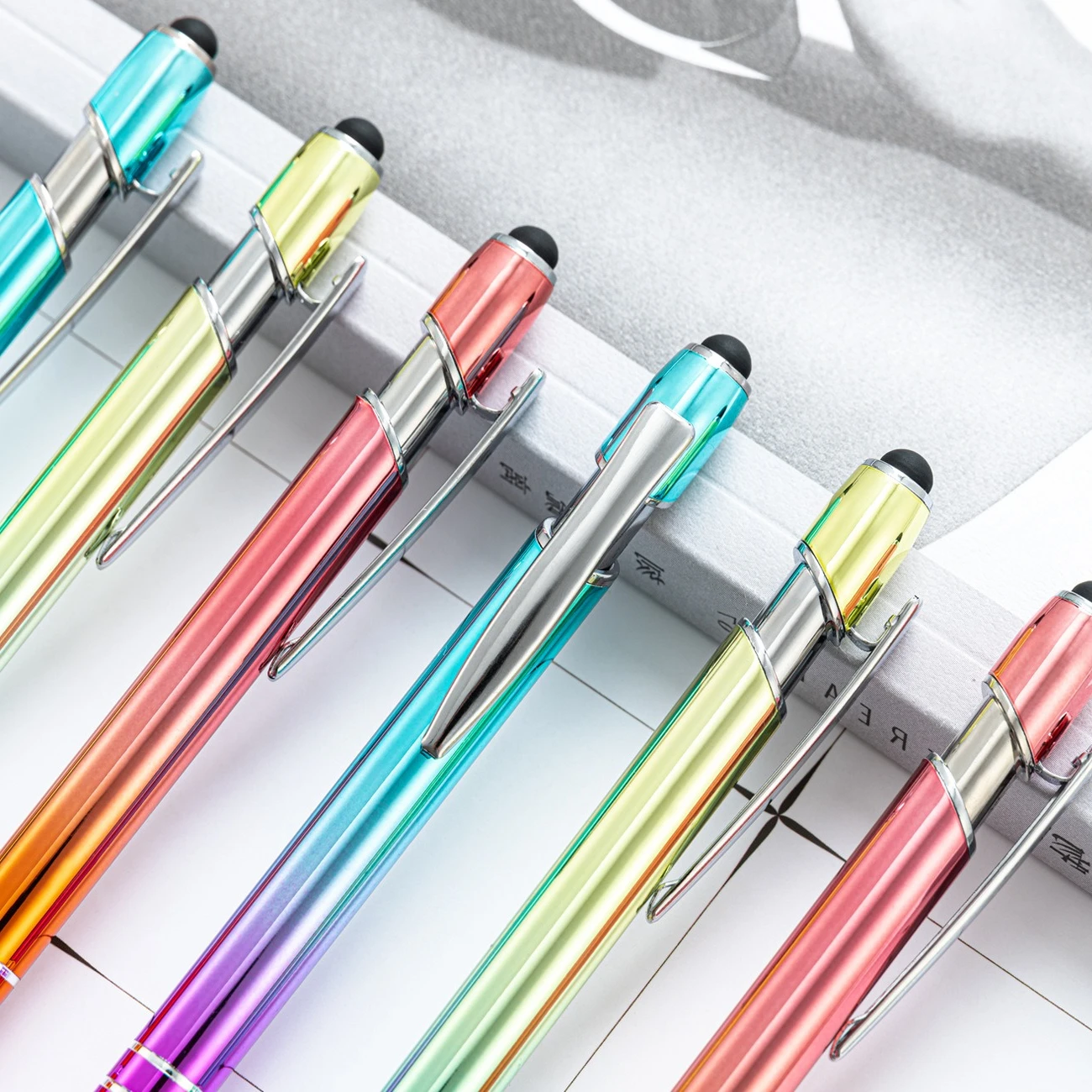 20 pcs Wholesale Gradient Color Metal Ballpoint Pen Press Type Touch Screen Stylus Advertising Pen For Office Business Gift