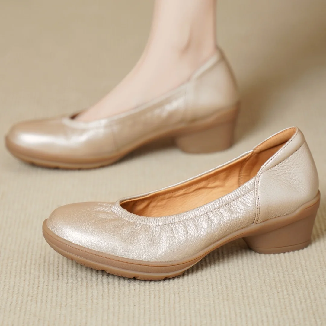 

danxuefei women's sheepskin round toe slip-on pumps 4.5cm wedge med heel OL style casual female daily dress slim shoes for woman