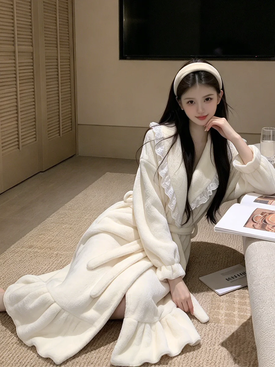 2026-new-women's-thickened-coral-fleece-pajamas-sexy-velvet-robe-morning-coat-long-sleeve-v-neck-home-clothes-warmth-home-scene