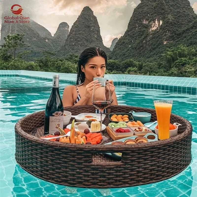Rattan floating round water tray, Bali Internet celebrity basket, B & B hotel swimming pool dining plate, beach
